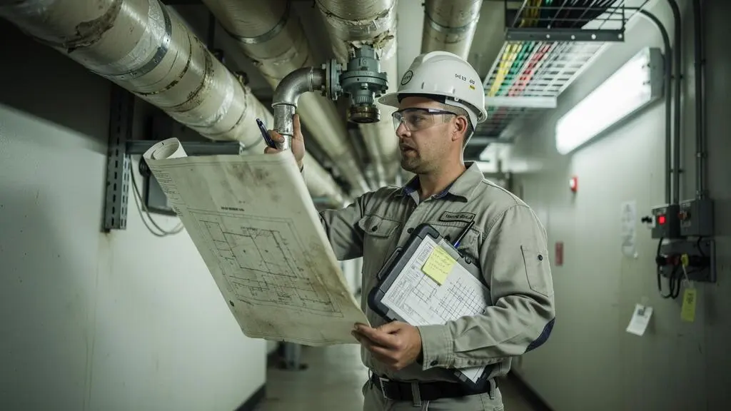 Un auditeur énergétique compare un plan d'installation papier avec la tuyauterie vapeur réelle dans une galerie technique industrielle.