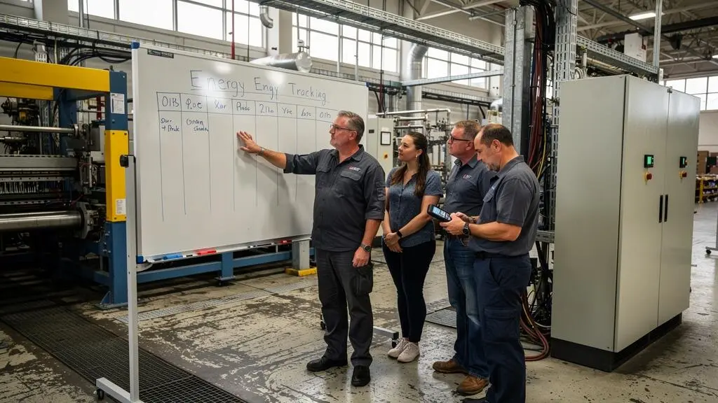 Une équipe de production se réunit autour d'un tableau de suivi énergétique sur le sol d'une usine pendant un briefing d'équipe.