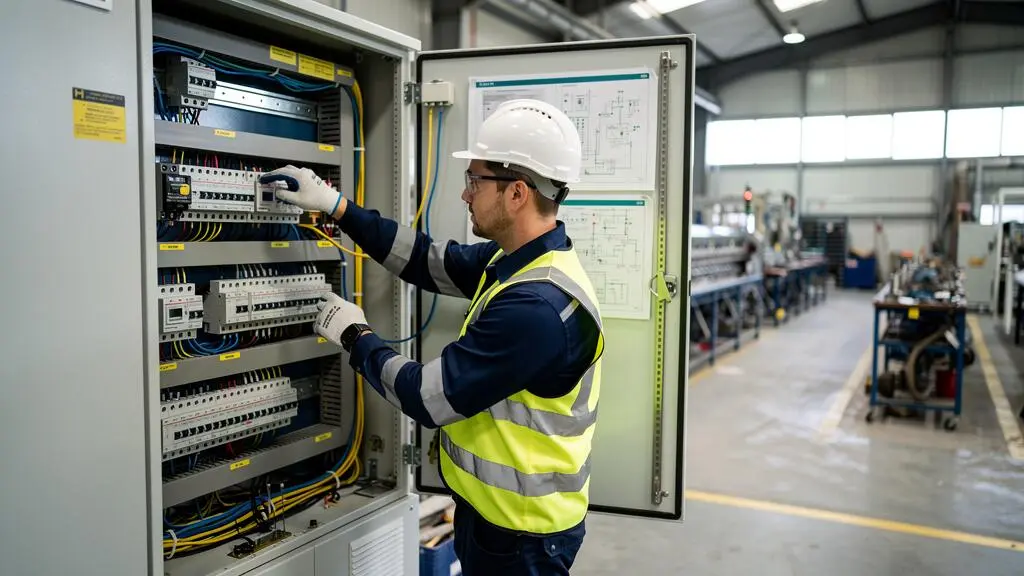 Technicien examinant les départs d'un tableau électrique industriel pour identifier les alimentations des différents ateliers de production.