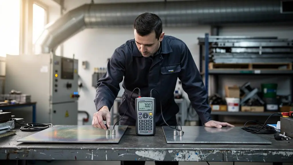Un technicien compare la montée en température de deux plaques métalliques équipées de sondes raccordées à un enregistreur numérique dans un atelier industriel.