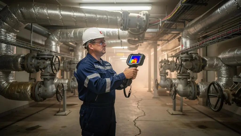Un ingénieur énergie en tenue de travail mesure la température d'un réseau de vapeur avec une caméra thermique dans une installation industrielle.