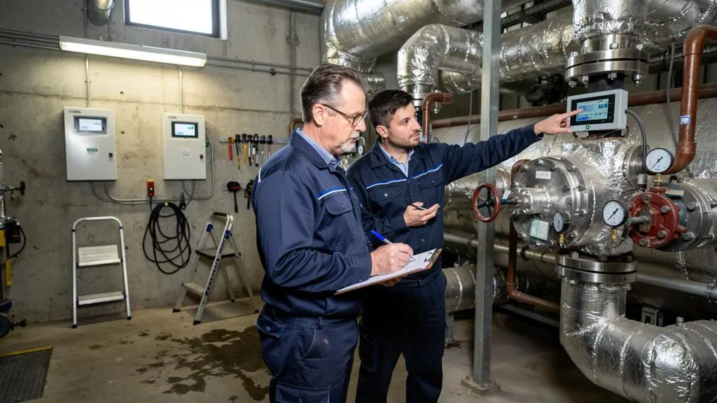 Un ingénieur énergie compare des relevés sur un compteur industriel avec un opérateur devant une installation thermique en salle des chaudières.