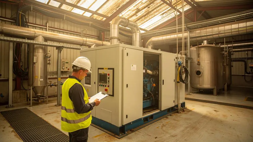 Un ingénieur énergétiste en casque examine l'unité de cogénération installée dans une halle technique d'une usine industrielle.