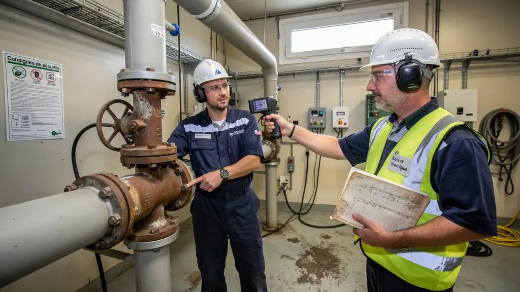 Un ingénieur énergétique mesure avec une caméra thermique une canalisation d'eau chaude dans une chaufferie industrielle, accompagné d'un technicien de maintenance qui pointe la section concernée.