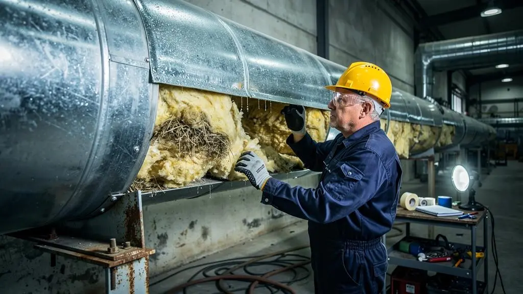 Un technicien ouvre le capotage métallique d'une conduite industrielle isolée dans un atelier humide et découvre un isolant imbibé d'eau sous un parement encore neuf.