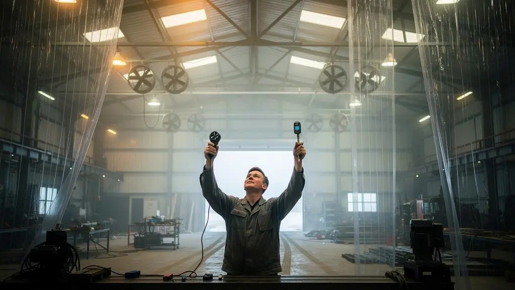 Un technicien mesure la température et la vitesse de l'air à hauteur de poste dans un atelier industriel avec des ventilateurs de déstratification sous la toiture