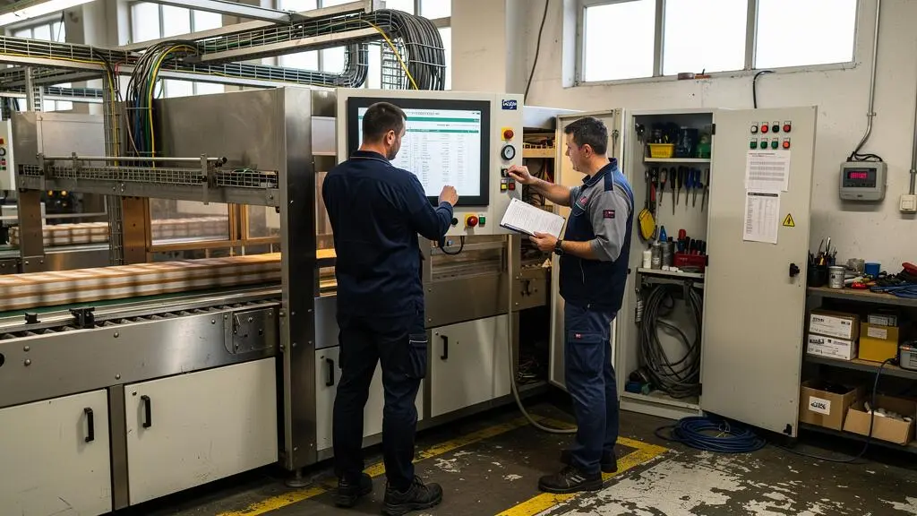 Un opérateur et un technicien vérifient les réglages d'une machine de production en atelier, en comparant une liste de contrôle aux valeurs affichées sur le panneau de commande.