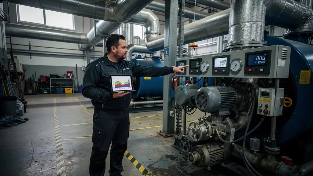 Un responsable énergie compare une courbe de charge sur sa tablette avec les relevés de température d'une chaufferie industrielle gaz.