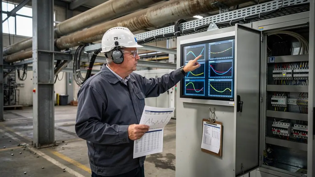 Un responsable énergie en tenue de travail compare les courbes de consommation affichées sur un panneau de sous-comptage avec une feuille de suivi de production dans une usine.