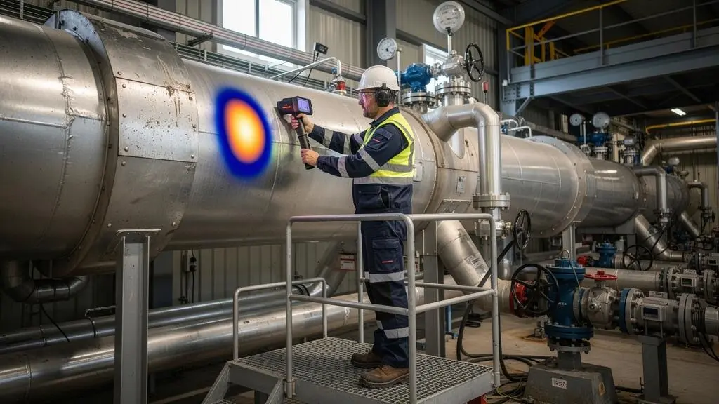 Un technicien mesure la température de surface d'une conduite isolée avec une caméra thermique portative dans une usine.