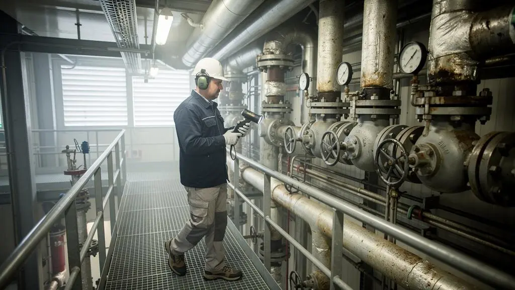 Un technicien inspecte avec une caméra thermique un réseau de tuyauteries de vapeur et des vannes dans une galerie technique industrielle.