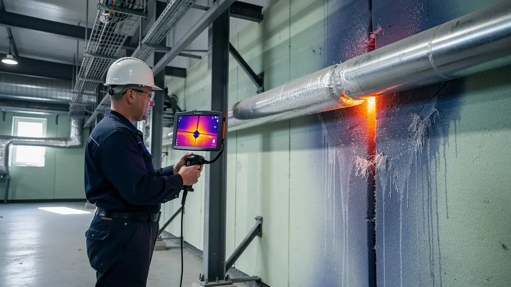 Un technicien pointe une caméra thermique vers une traversée de mur isolé où une trace de condensation est visible dans un local industriel.