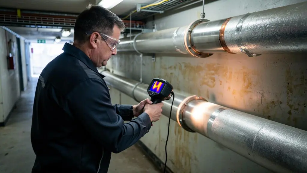 Un technicien compare à l'aide d'une caméra thermique les déperditions de deux conduites parallèles isolées dans un local industriel.
