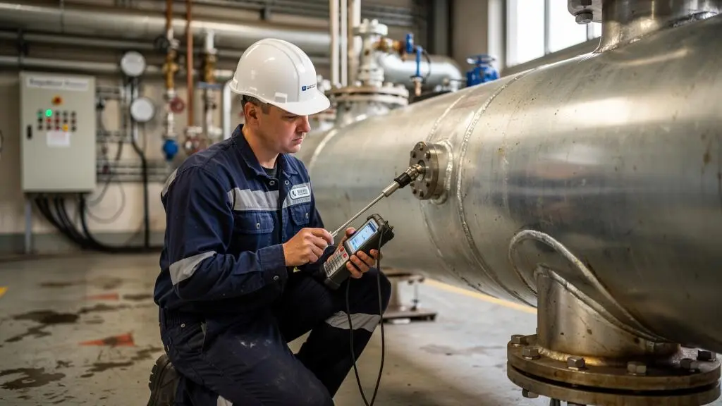 Un technicien de maintenance compare la lecture d'une sonde de température en service avec une référence portable étalonnée sur une conduite de procédé en usine.