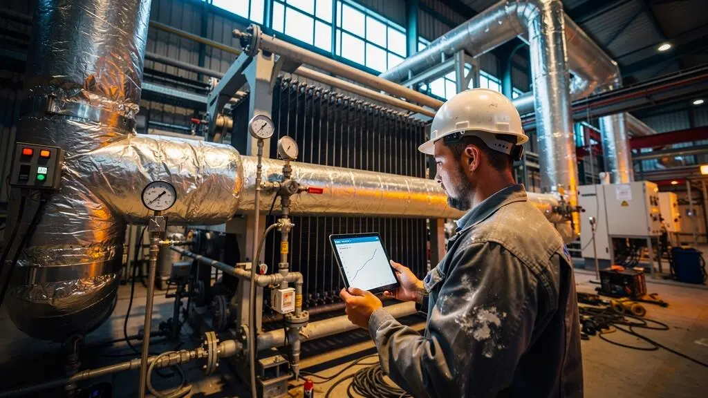 Un technicien de maintenance vérifie une courbe de consommation sur une tablette devant des échangeurs thermiques dans une installation industrielle.