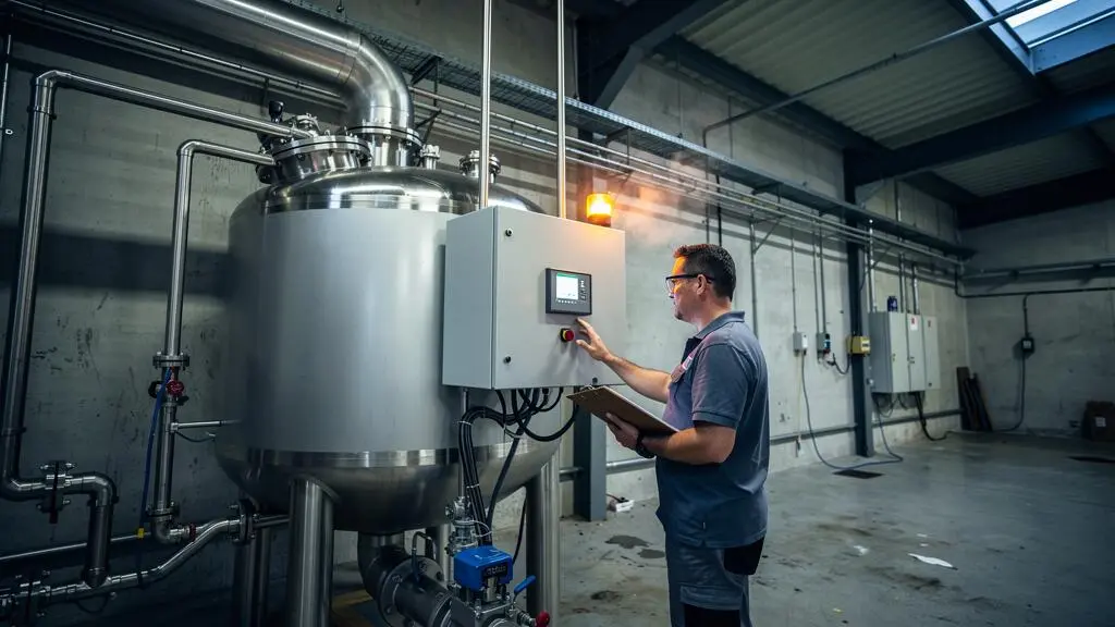 Un technicien de procédé vérifie la température affichée sur le régulateur d'une cuve thermique industrielle en fonctionnement.