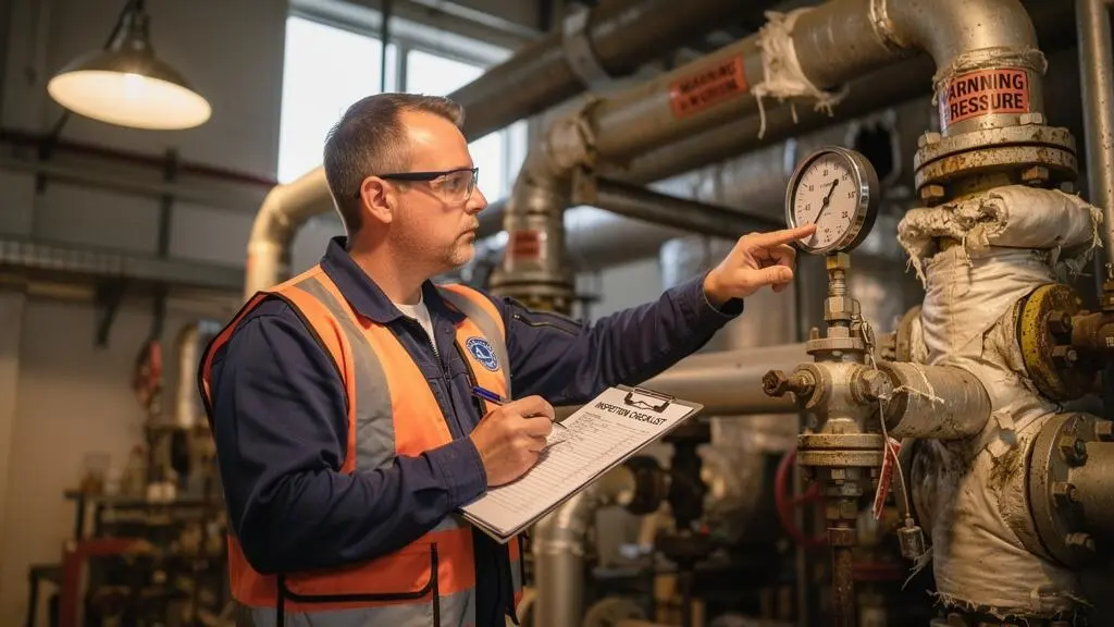 Un technicien vérifie un manomètre sur une conduite de chaudière industrielle tout en relevant des points de contrôle sur une liste.