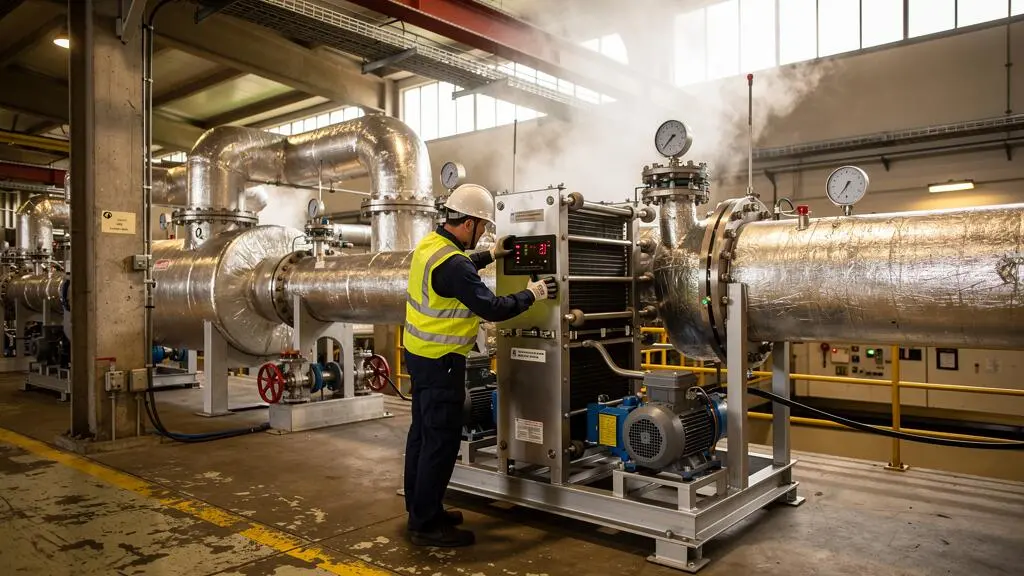 Un technicien inspecte une installation de récupération de chaleur industrielle avec échangeurs et tuyauteries calorifugées dans une usine.