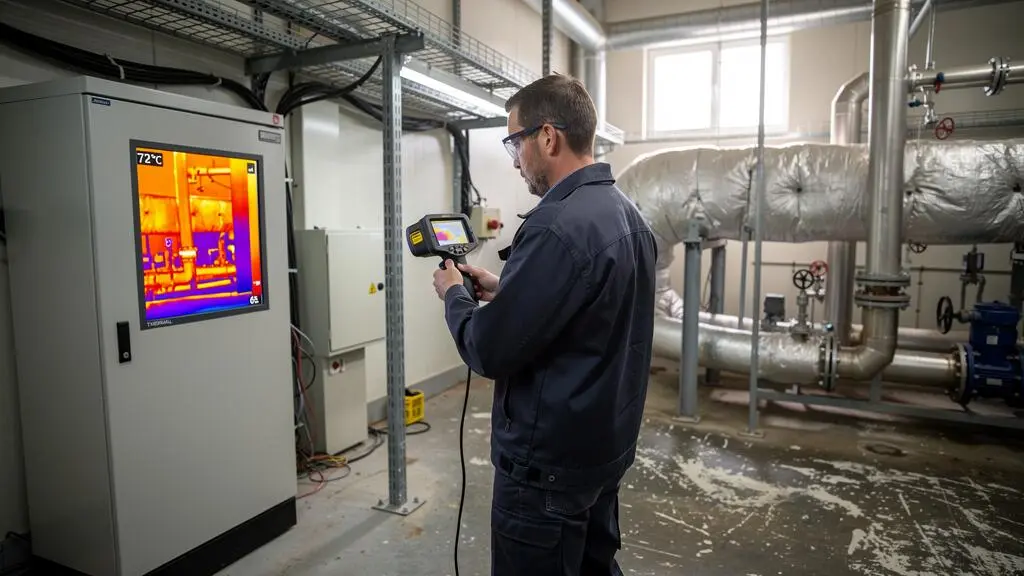 Technicien de maintenance inspectant une armoire électrique et des tuyauteries industrielles avec une caméra thermique dont l'écran affiche une carte de chaleur