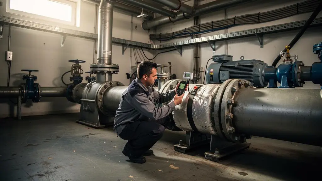 Un technicien de maintenance fixe un capteur de température sur la tuyauterie d'une pompe industrielle et relève la mesure sur un appareil portatif.