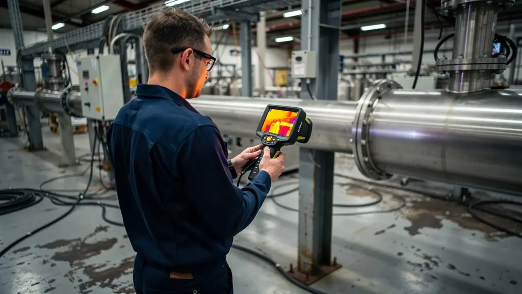 Un technicien mesure la température d'une conduite industrielle avec une caméra thermique en l'orientant selon un angle précis dans un atelier de production.