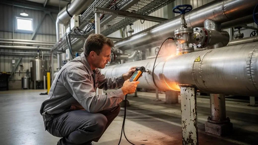 Un technicien mesure la température d'une canalisation d'eau chaude industrielle à l'aide d'une sonde et d'un instrument portatif dans une usine.
