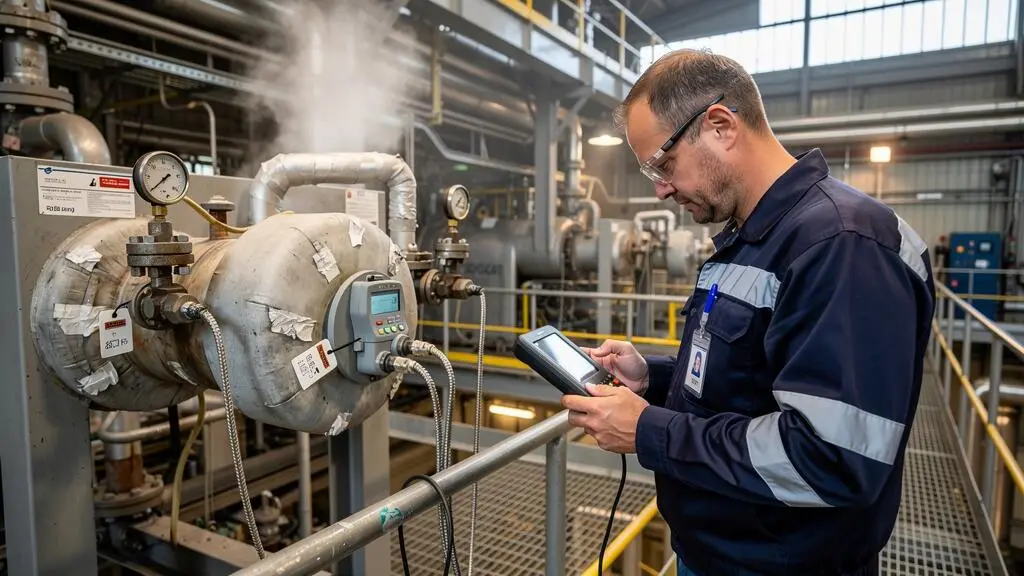 Un technicien mesure le débit sur une conduite de vapeur avec un débitmètre à pinces dans une chaufferie industrielle, instrument de mesure en main.