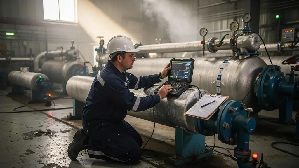 Un technicien de maintenance mesure la température et les vibrations sur la tuyauterie d'un échangeur thermique dans une usine industrielle.