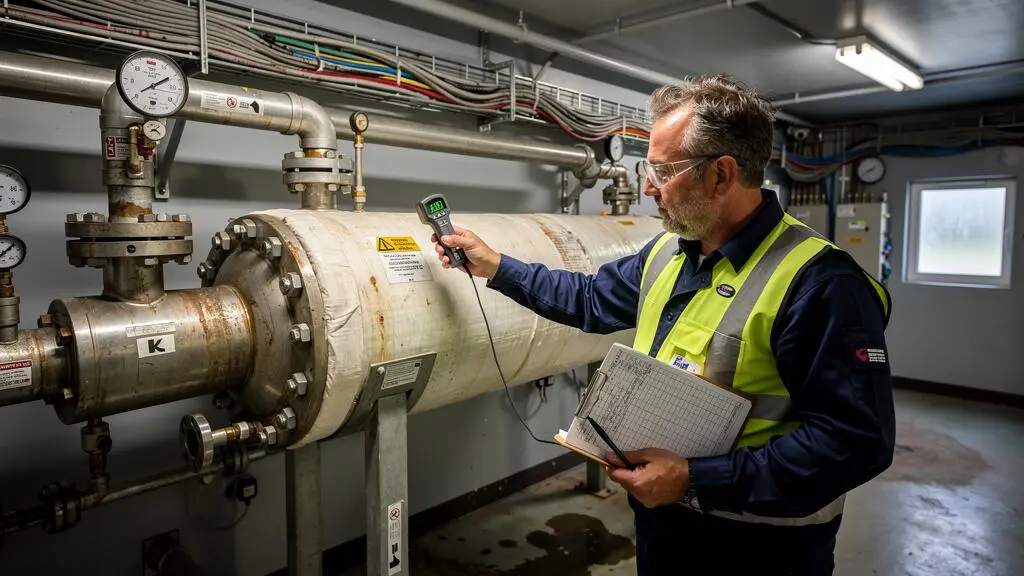 Un technicien mesure la température de surface d'un échangeur thermique industriel et note la valeur sur un registre.
