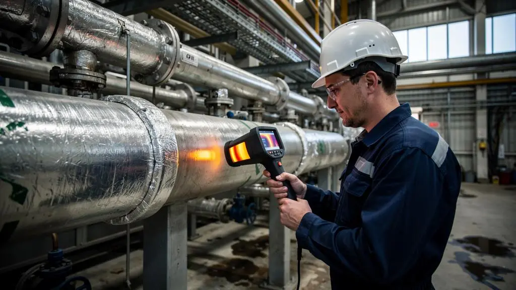 Un technicien mesure la température de surface d'une conduite industrielle isolée avec une caméra thermique portable dans une usine.