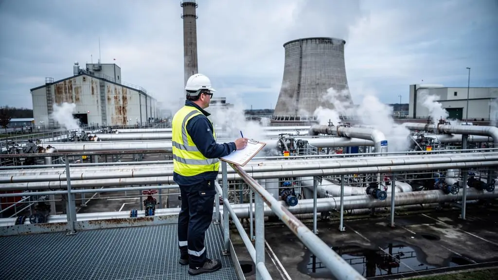Un technicien énergie en tenue de travail observe depuis une passerelle un site industriel avec cheminée de chaufferie, vapeur et tour de refroidissement, relevés de consommation en main.