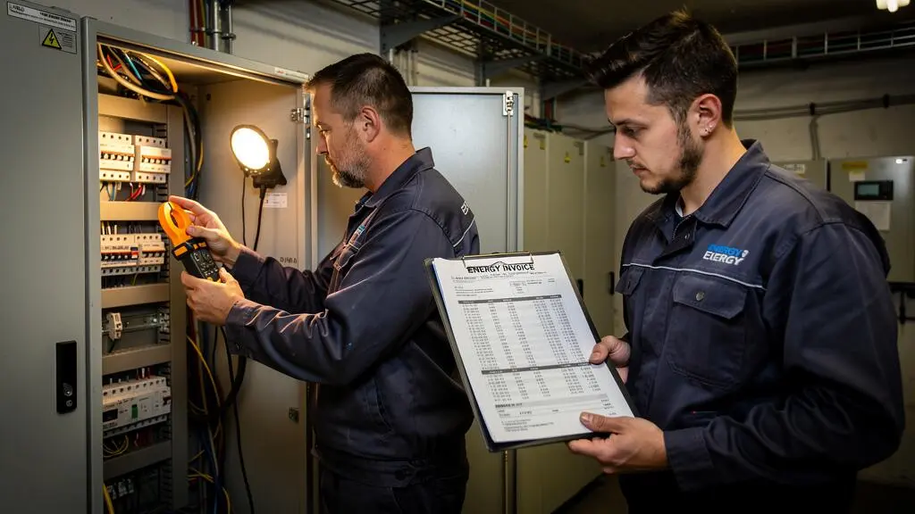 Un technicien mesure le courant avec une pince ampèremétrique dans une salle électrique industrielle pendant qu'un collègue compare les relevés avec une facture d'énergie.