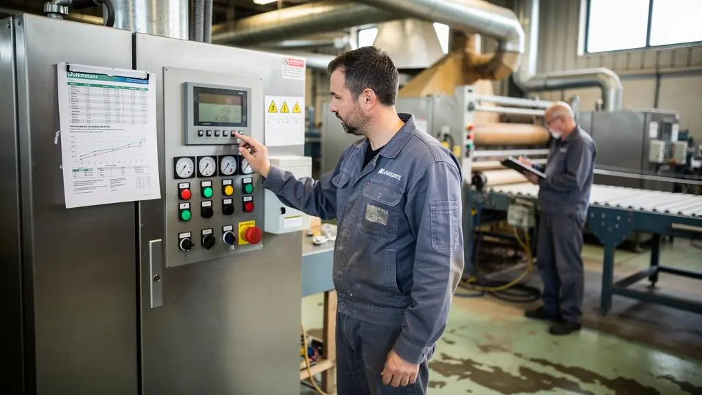 Un technicien ajuste la consigne de température d'un four de séchage industriel sur son régulateur, avec à ses côtés la fiche des paramètres qualité à surveiller.