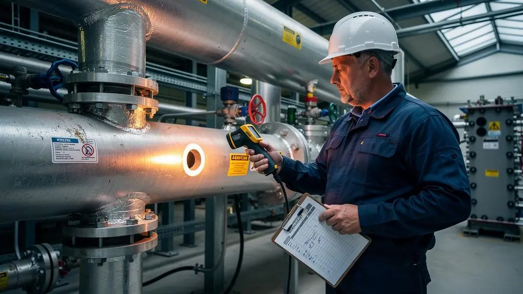 Un technicien de maintenance relève la température d'un circuit thermique industriel avec un thermomètre infrarouge, une courte liste de points de contrôle en main.