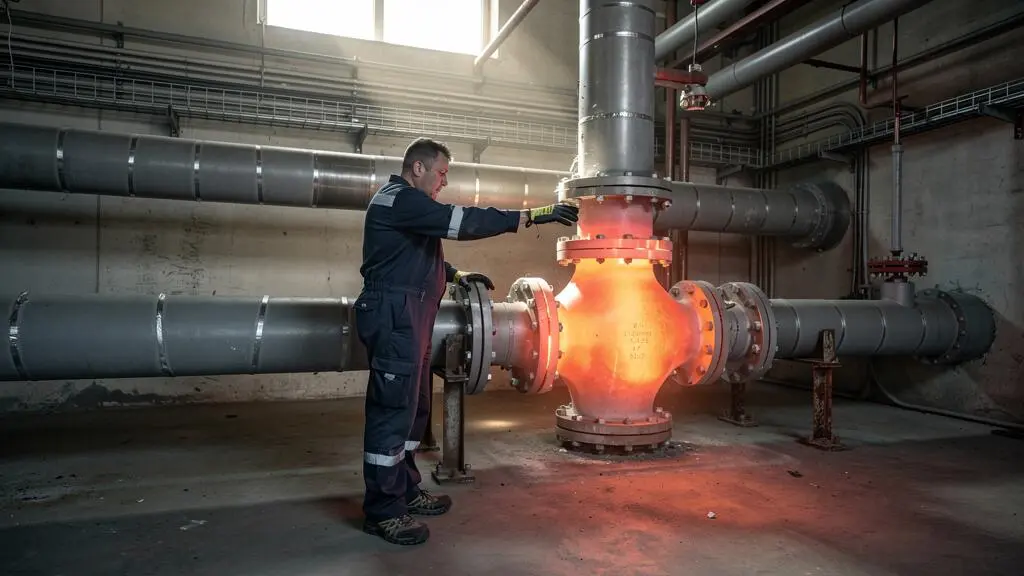 Un technicien repère une vanne non calorifugée parmi des tuyauteries isolées dans une chaufferie industrielle.