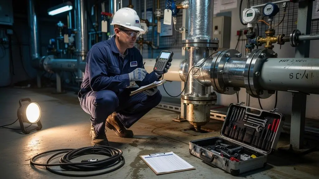 Un technicien de maintenance vérifie les paramètres d'un débitmètre installé sur une conduite industrielle dans une chaufferie.