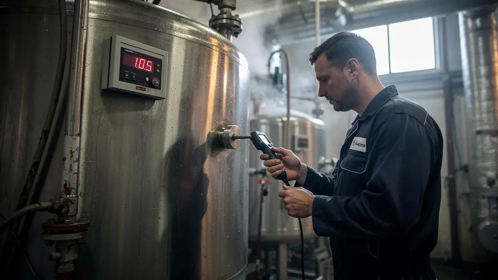 Un technicien compare la température mesurée par une sonde mobile avec celle affichée par le régulateur d'une cuve thermique dans un atelier industriel.